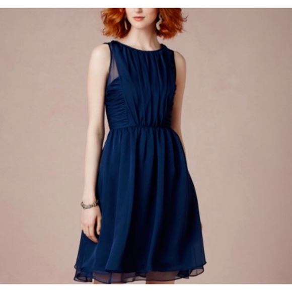 Hitherto Daylily Navy Sheer Shoulder Sleeveless Dress Ruched Side & Back Waist 0 - Picture 1 of 16